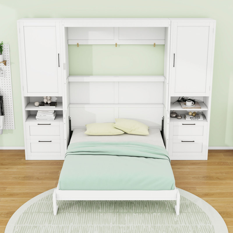 Lit escamotable 4 tiroirs en bois avec placard et tablettes, Blanc
