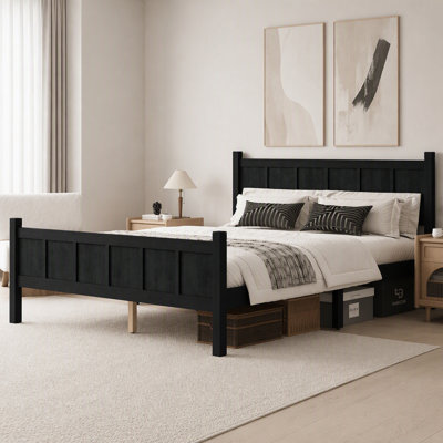 Lit plateforme en bois massif de style grand shaker, tête et pied de lit à panneau plat, noir