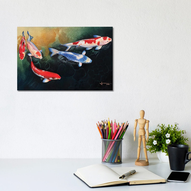 Red And Blue Koi by Liam Kumawat - Wrapped Canvas Painting, 20.32 cm H x 30.48 cm W