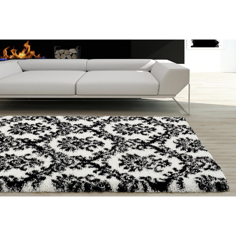 Tapis intérieur/extérieur blanc/noir oriental Milne, Rectangle 7 pi x 10 pi
