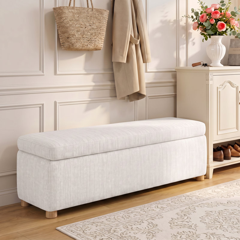 Banc de rangement en chenille Ermine de 57,4 po de largeur avec pieds en bois naturel, Beige