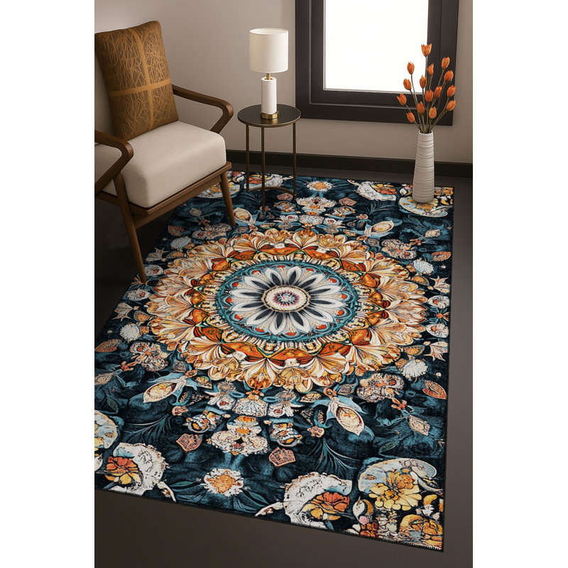 Tapis noir tissé à motif lavable traditionnel Mosso, 2'6" x 4'11"