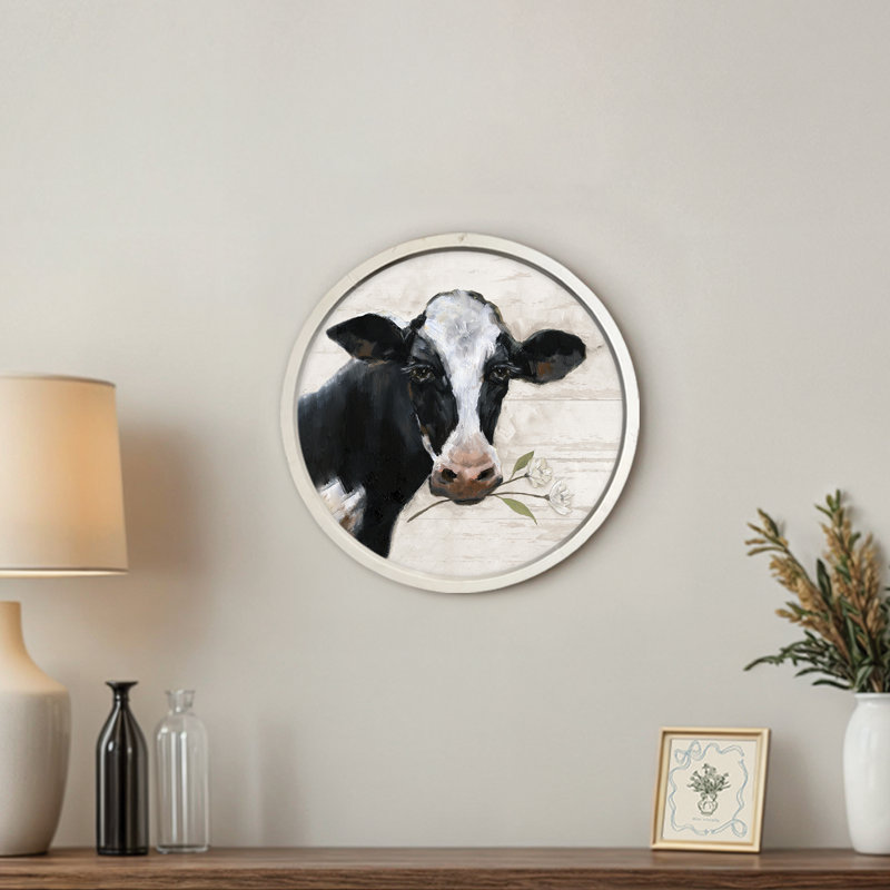Cow Portrait Round Framed Print, White