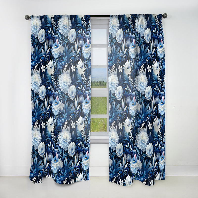 Réflexions russes fleurs bleues et blanches - Rideau floral - Rideau obscurcissant - 1 panneaux, L 52 po x L 120 po