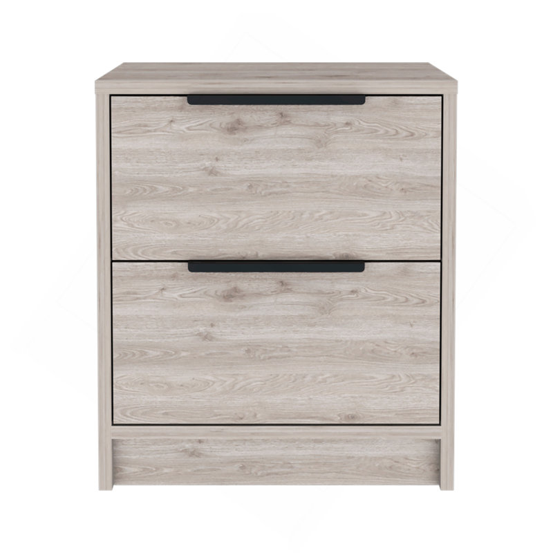 Kaia Nightstand , End Table, Side Table Two Drawers, Metal Handle -Light Gray, Gray Oak