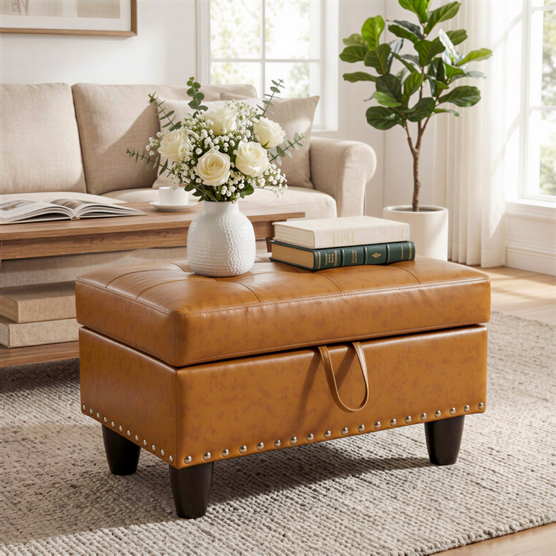 Rectangular Storage Ottoman Bench With Hinged Lid, Faux Leather Footrest For Living Room, Bedroom, Entryway, 28.5"X19"X17.5"