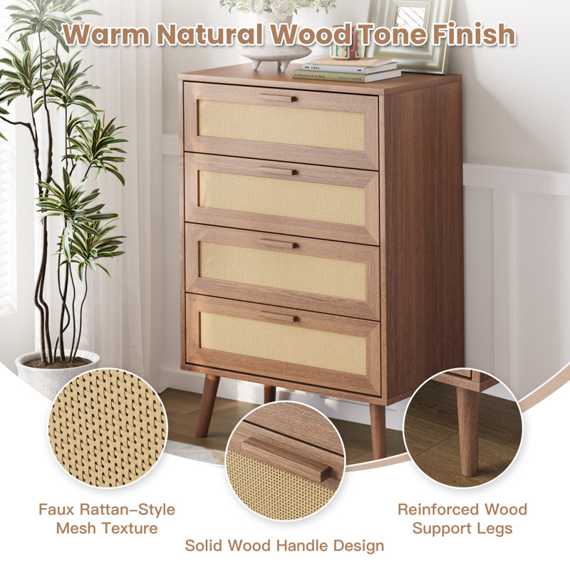 4-Drawer Dresser with Solid Wood Legs, Light Walnut