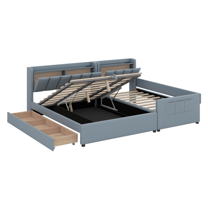 Grand lit simple et grand lit pour mère et enfant avec système de rangement hydraulique, tiroir et tablette de rangement