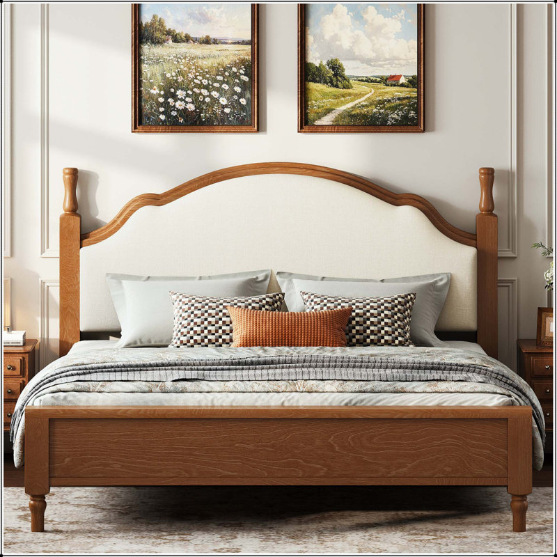 Grand lit plateforme en bois avec tête de lit tapissier, Grand lit, Beige/brun