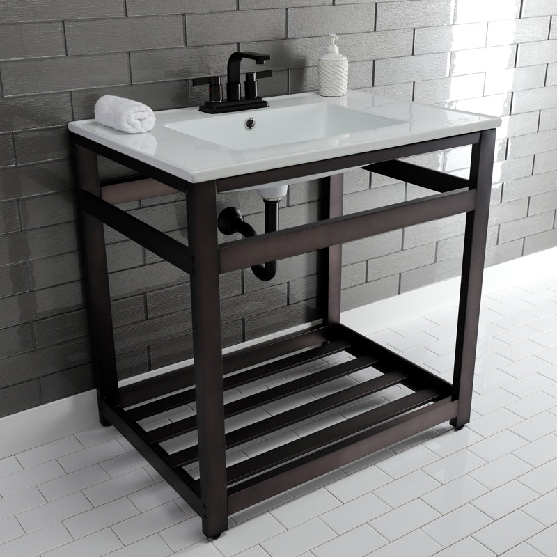 Kingston Brass Quadras 31-Inch Ceramic Console Sink with Steel Base and Shelf, White/Oil Rubbed Bronze, 4" Centers