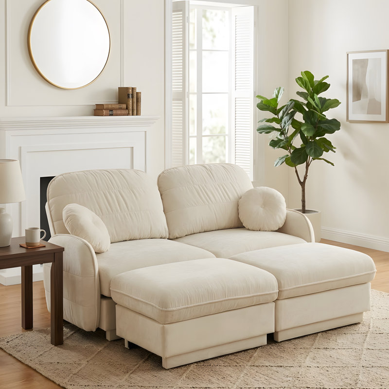 Canapé en U avec assise profonde et repose-pieds amovible, Cream Beige Chenille, H 37,4 po x l 73,2 po x P 57,8 po