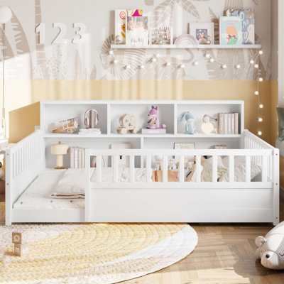 Stylish Wooden Floor Bed With Fence Guardrail And Side Storage, For Safe And Comfortable Sleeping