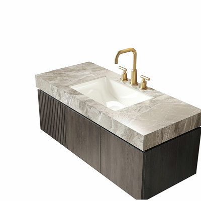 MURI 48" Bathroom Vanity&Sink, Floating Plywood Storage Cabinet with Drawer&Doors, Light Gray Sintered Stone Top&Ceramic Basin with 3 Pre-drilled Faucet Holes, Pre-assembled, Espresso Woodgrain Color