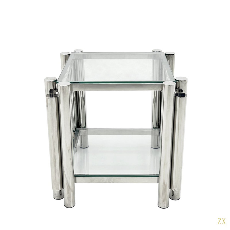 Ensemble de table basse moderne en acier inoxydable (ensemble de 3), plateau de table en verre trempé transparent double couche, table basse et deux tables de bout 3 pièces pour le bureau à domicile