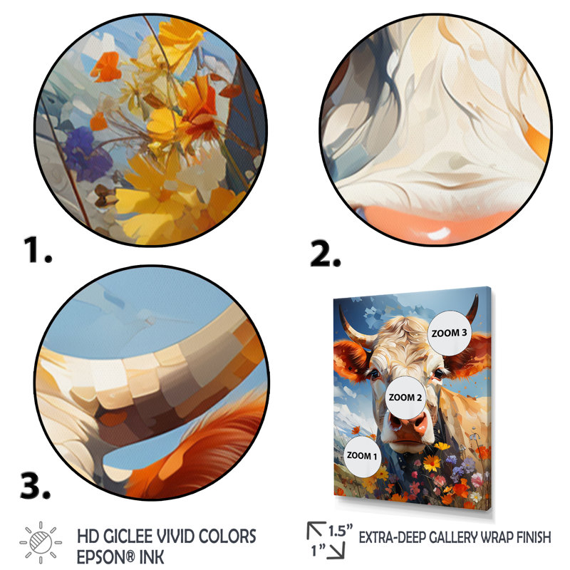Lynkon Cow Floral Grazing III, reproduction d'art sur toile, Encadrement doré, H 32 po x l 24 po x P 1 po