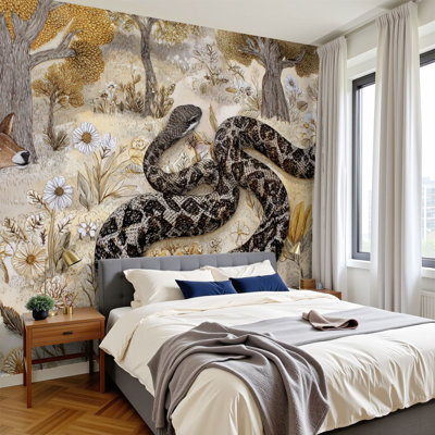Peel and Stick Wallpaper Wildlife Floral Muted Gold Foggy Shadows Wall Murals 100"H x 144"W Removable PVC Wall Paper Self-Adhesive Wall Decor for Bedroom Living Room Home Office