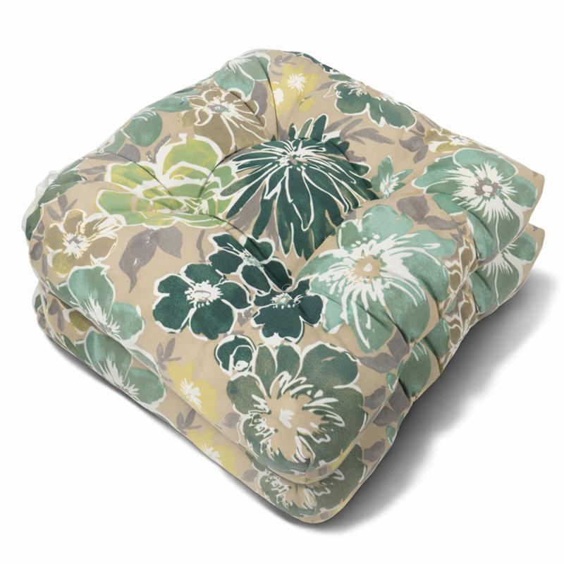 Set Of 2 Outdoor Chair Cushions 19x19, Tufted Seat Pads With Ties, Water-resistant Patio Cushions, Green Botanical