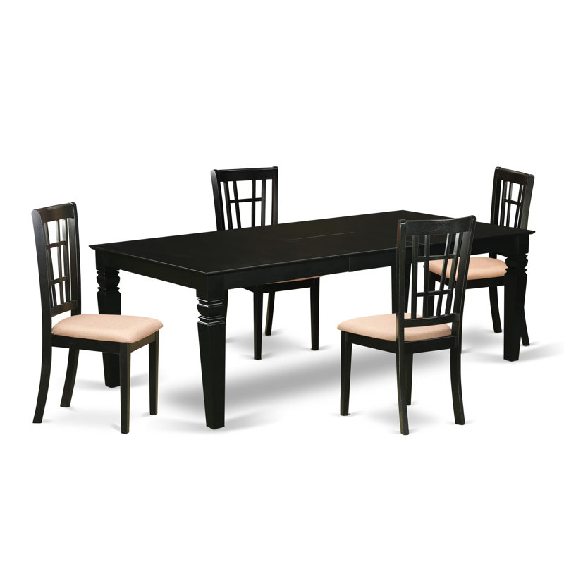 Ensemble de table de cuisine 5 pièces pour 4 personnes comprenant une table rectangulaire à rallonge papillon et 4 chaises de salle à manger en lin, 107 x 213 cm, noir