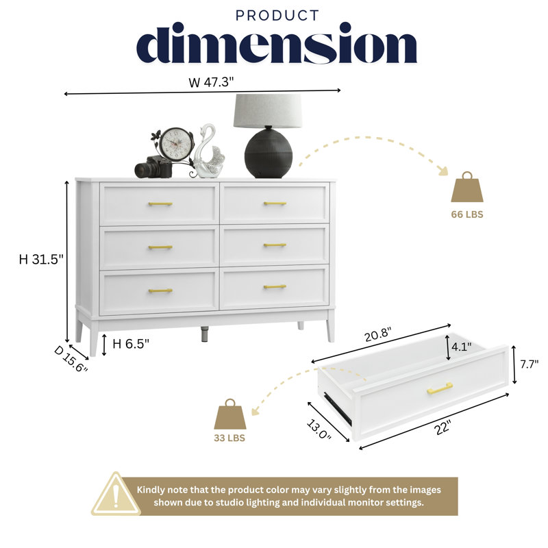 47.3" W 6-Drawer Wood Double Dresser, White