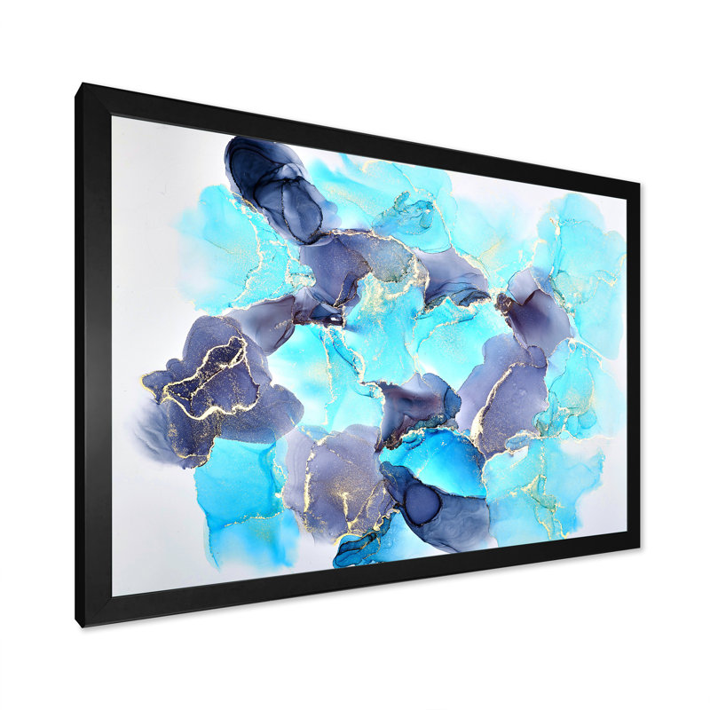 Turquoise de luxe abstrait fluide III - peinture sur toile, H 34 po x l 44 po x P 1,5 po, Cadre noir