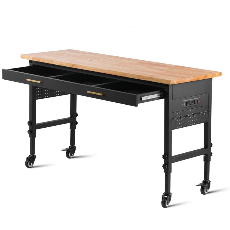 60" Workbench on Wheels Adjustable Height Table with Power Outlet & Drawer