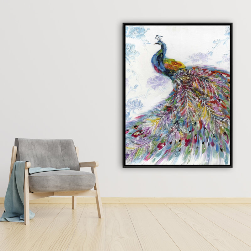 Majestic Peacock With Flowers Print On Canvas