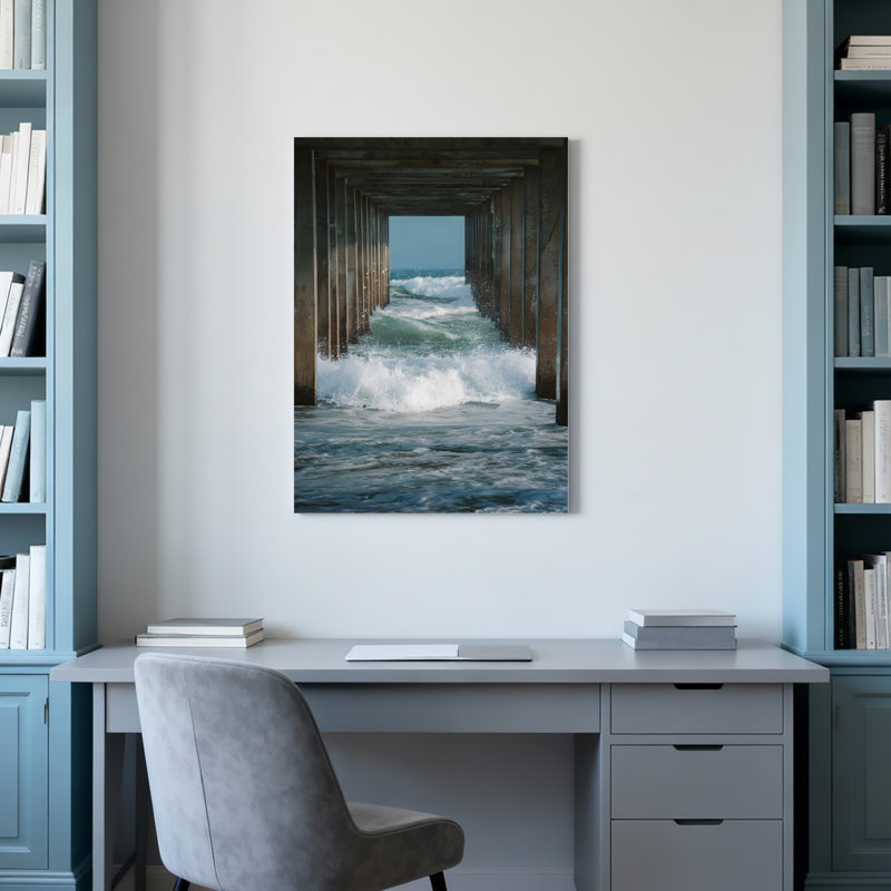 Ensemble de 1 tableau sur toile représentant des vagues sous une jetée en bois, H 30 po x l 20 po
