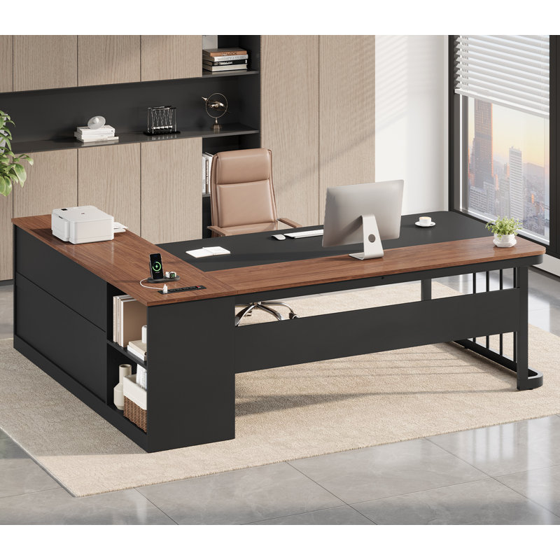 70.9" Executive Desk, L Shaped Desk With Power Outlets, Corner Computer Desk With 3 Storage Drawers For Home Office, Walnut