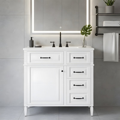 Meuble-lavabo autoportant de 36 pouces avec comptoir de lavabo en céramique, tablettes réglables et poignées en métal (robinet non inclus)