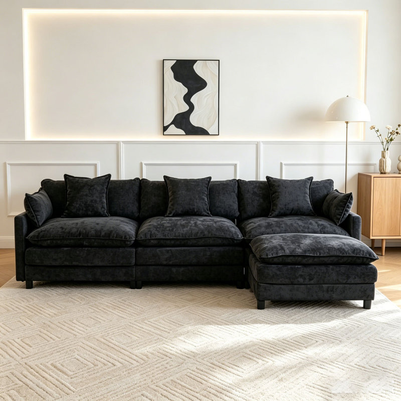 Canapé modulaire en forme de L 108 po en forme de nuage avec repose-pieds et siège profond en chenille 4 places 108 po, Black