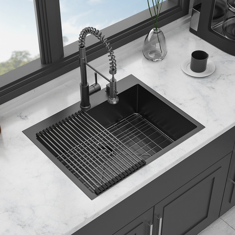 Black Drop Sink, 28X22 Inch Drop In Kitchen Sink Gunmetal Black Topmount 16 Gauge Deep Single Bowl Stainless Steel Sink Basin
