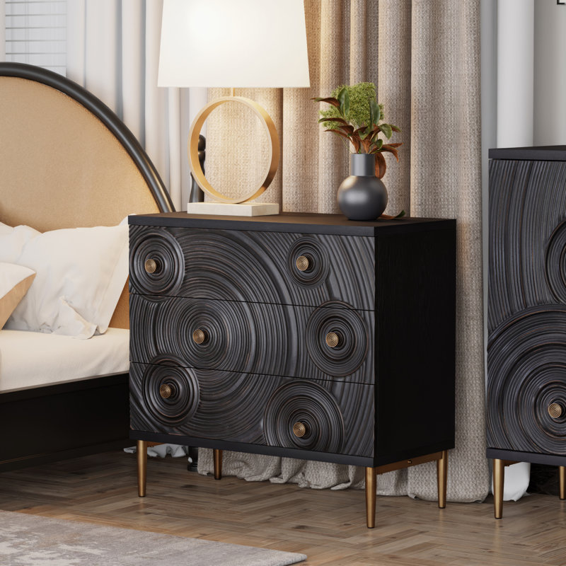Black and Gold Embossed 3-Drawer Farmhouse Dresser