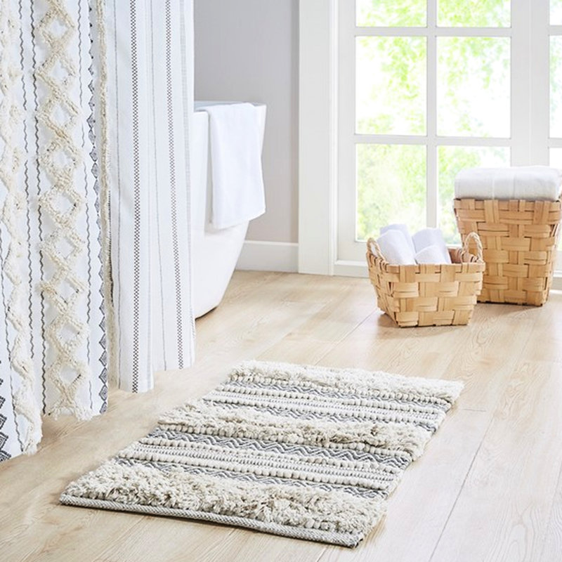 Woven Texture Bath Rug 22X58", 0.5" Medium Pile, Machine Washable, Non-Skid Base, Grey Inspired Bedroom 22X58" With Stripe Texture, Easily Back, Look
