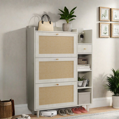 Bohemia Style Shoe Cabinet With 3 Rattan Flip Drawers, 3 Square Shelves And 1 Storage Drawer And Key Hooks