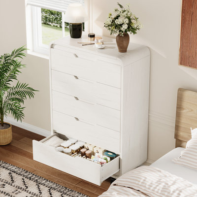 Grande commode de rangement blanche à 5 tiroirs, armoire en bois haute pour salon moderne ou couloir spacieux