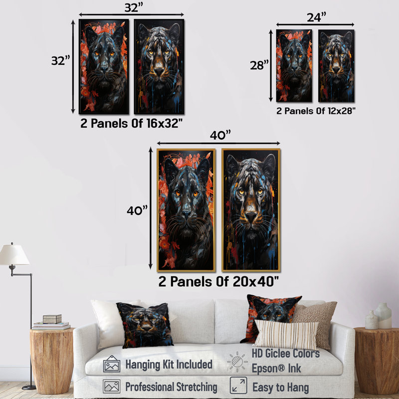 Graffiti Urban Panther Presence - ensemble de 2 impressions sur toile Panther, Encadrement doré, H 28 po x l 25 po