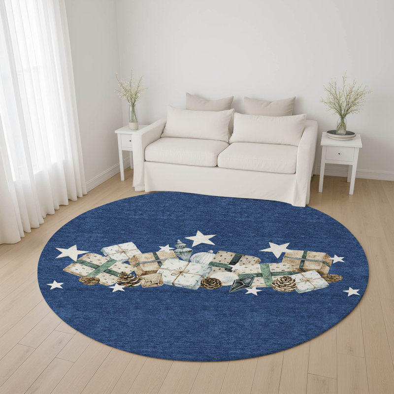 Premium Machine Washable Castillon AMF1825 Stars and Presents Holiday Rug, Round 8'