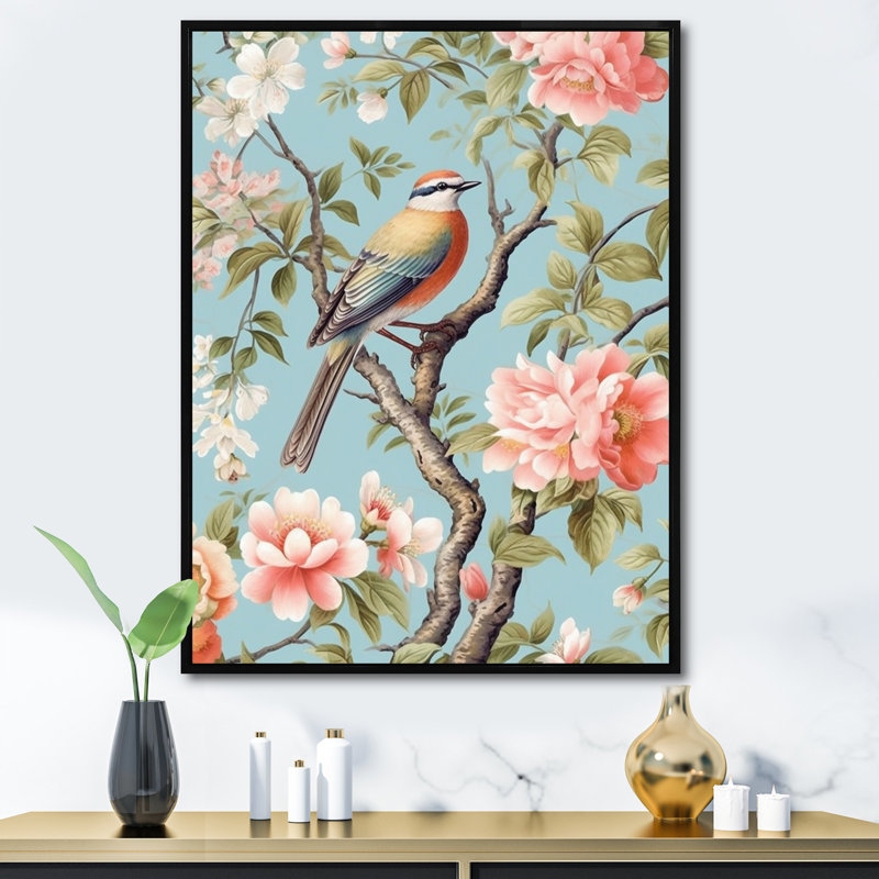 Chinoiserie avec oiseaux et pivoines, impression sur toile, H 30 po x l 30 po x P 1 po, Cadre flottant noir