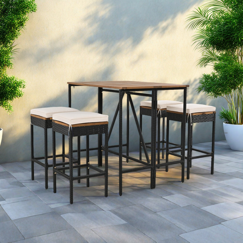 Outdoor Dining Table Sets Included 1 Foldable Table And Four Stools With Cushions, 4