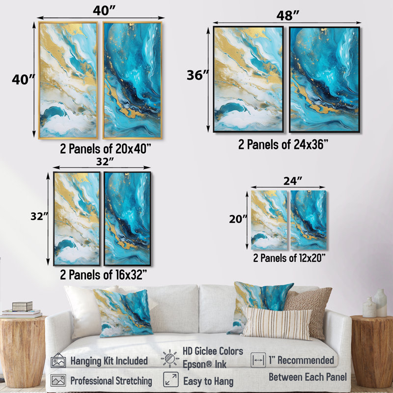 Turquoise doré infusé marbre III - art mural moderne 2 panneaux, H 32 po x l 32 po, Impression encadrée flottante