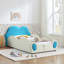 Lit simple mignon en forme de nuage pour enfants en cuir de polyuréthane avec barrières de sécurité, lit pour tout-petits sécuritaire avec pochette de rangement bleue et beige