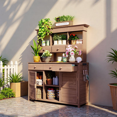Table de jardin pour rempotage avec huche, poste de travail de rangement pour patio avec 3 tablettes, 6 tiroirs, 2 armoires inférieures et crochets latéraux pour vestibule, porte