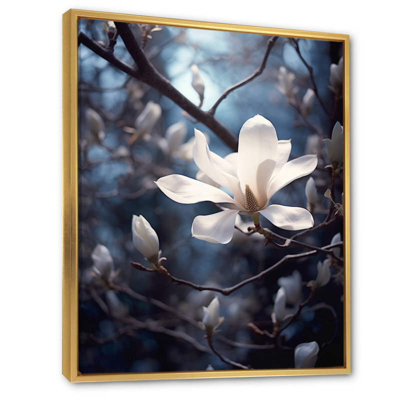 " White Blue Magnolias Elegance Landscape ", 44" H x 34" W x 1.5" D, Gold Floater Framed