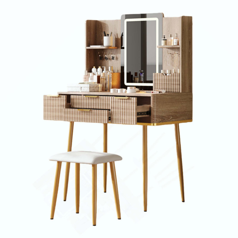 4-Drawer Vanity Desk With LED Mirror & Carved Details, Fluted Makeup Table With Metal Legs And PU Stool, Carved Dressing Table With Jewelry Storage For Bedroom