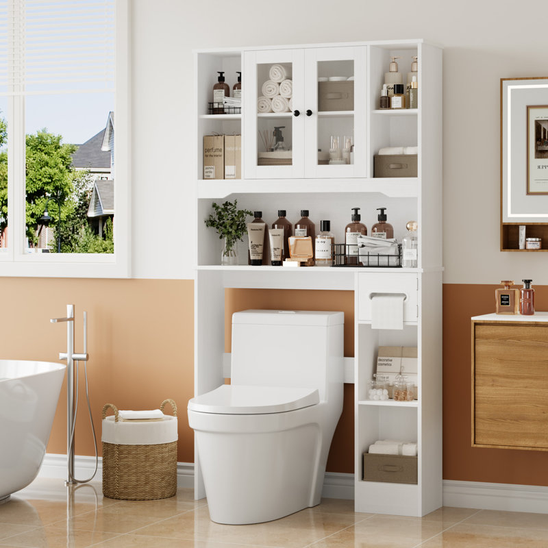 Over-Toilet Storage Cabinet, Bathroom Organizer With Adjustable Shelf & Built-In Tissue Holder