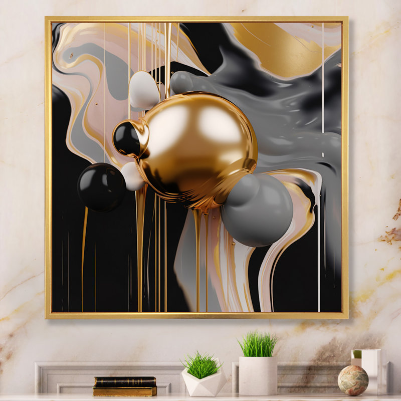Art mural sur toile doré et noir Mystic Mûlange II, H 16 po x l 16 po, Cadre flottant doré