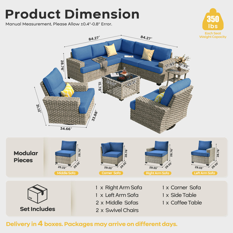 Wicker 7-Person Modular Outdoor Sectional Seating Group With Swivel Chairs And Cushions, Patio Conversation Set With Lighted Coffee Table