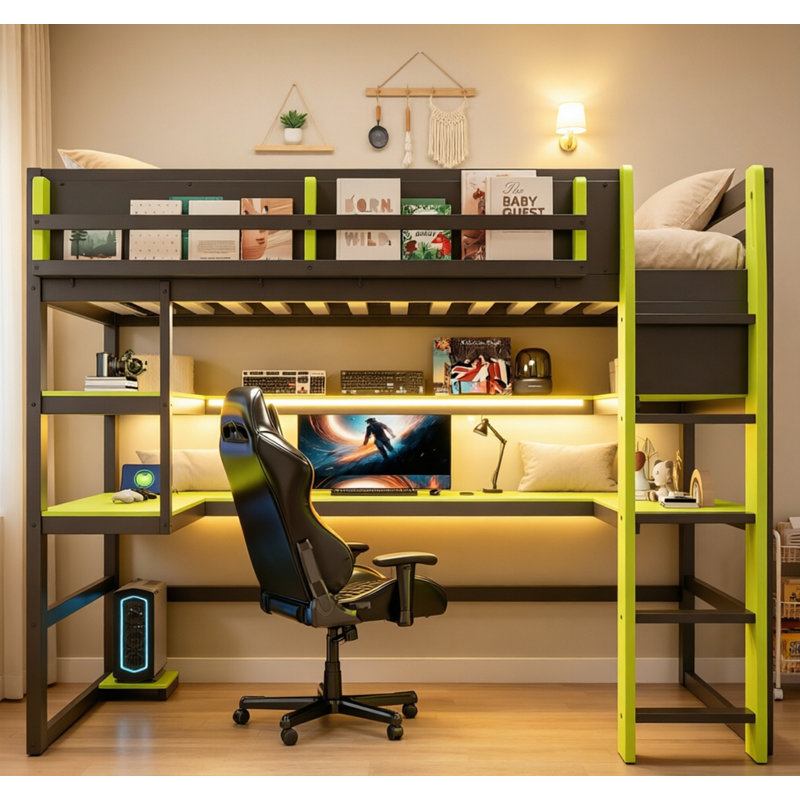 Lit mezzanine simple en bois avec bureau, support de rangement latéral, tablettes à plusieurs rangements et lumière RVB pour jouer et étudier