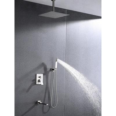 Brushed Nickel Shower - Ceiling Mounted, Stainless Steel With 16" Head & Handheld For Natural And Self-cleaning Nozzle Security Mount, A Refreshing
