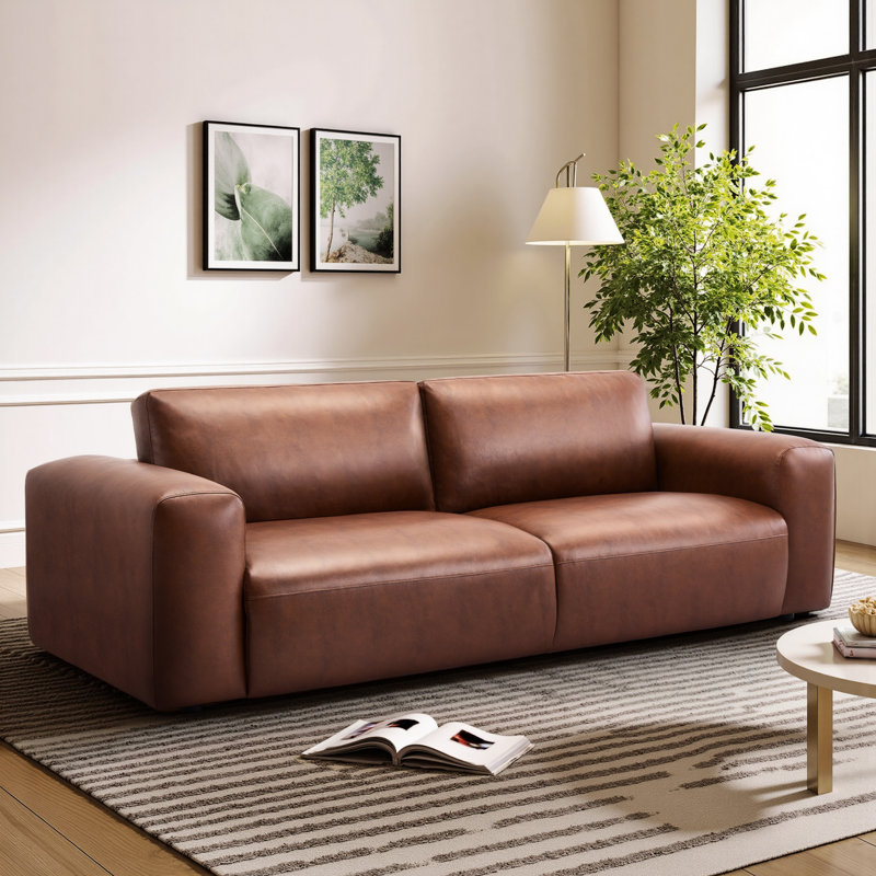 Benthe 95'' Modern Square Arm Leather Fatty Sofa Brown Down, Aubum Performance Faux Leather